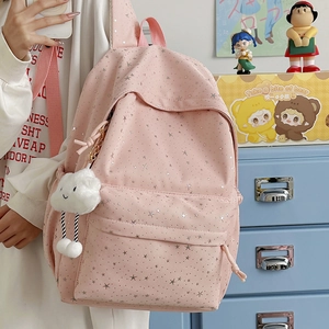 Zaino scolastico rosa minimalista con motivi a stelle e ciondolo a forma di nuvola