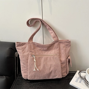 Grand Sac Cabas en Velours Côtelé Avec Poche Zippée Avant Minimaliste Décontracté Femmes Sac à Épaule Rétro Main