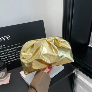 Sac Pochette Nuage Plissé Tendance pour Femmes en Cuir PU Métallique Sac à Main Épaule Mode Couleur Unie Grand Sac de Soirée