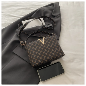 Detailed macro view of vintage brown monogram bucket bag with golden V-shaped metal clasp