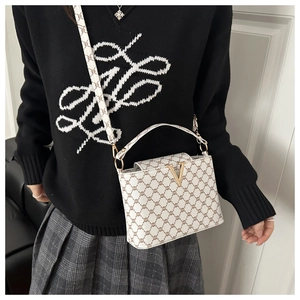 Detail of white monogram handbag with golden V-clasp and adjustable shoulder strap