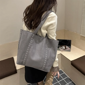 Chic grey suede tote bag with silver studs decoration and double shoulder straps