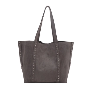 Large dark grey faux suede tote bag with silver studs and vintage shoulder strap style