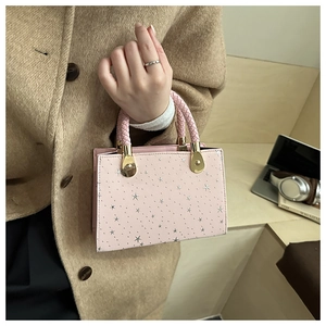 Close-up of pink handbag with silver stars, braided handle, and gold hardware details