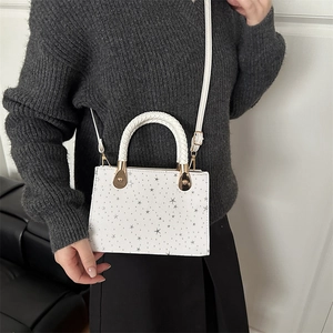 Stylish white crossbody bag with silver star patterns and woven top handle for daily use