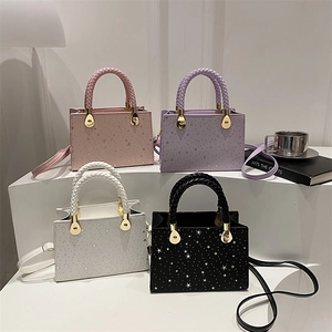 Chic star sequin square handbags in pink purple white and black with woven handles