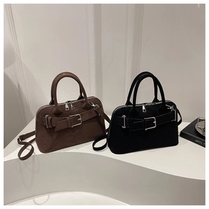 Minimalist matte suede boston bags in brown and black with decorative buckles