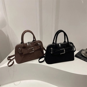 Minimalist large shell-shaped tote bags in brown and black faux suede leather