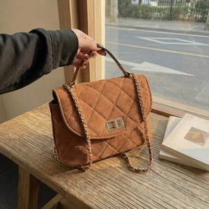 Women's French Vintage Quilted Diamond Velvet Crossbody Bag With Gold Chain Strap And Metal Lock Handbag For Daily Party
