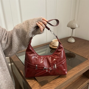 Women Shiny PU Leather Shoulder Bag Vintage Hobo Underarm Bag With Belt Buckle Metal Grommets Casual Tote Handbag For Daily