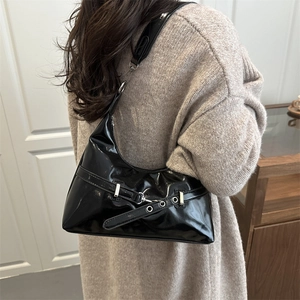 Vintage black glossy leather hobo shoulder bag with silver hardware for women