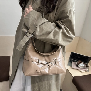 Glossy khaki shoulder bag with stylish belt buckle detail for chic women's daily commute