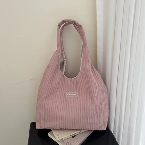 Women Corduroy Large Capacity Shoulder Tote Bag Solid Color Students Commuting Casual Handbag Trendy Fashion Label Bag
