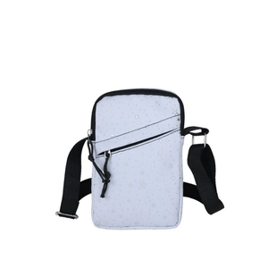 Light blue crossbody bag with silver star prints and adjustable black shoulder strap