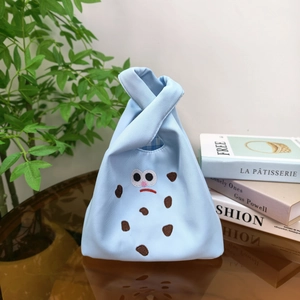 Cartoon Cookie Face Embroidery Canvas Knot Bag Small Handheld Tote With Gingham Lining Casual Girly Handbag