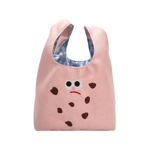 Pink canvas tote bag with cute cookie embroidery and blue gingham lining details