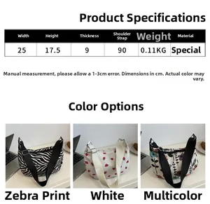 Detailed size chart and dimensions for canvas tote bags in zebra, white, and floral prints