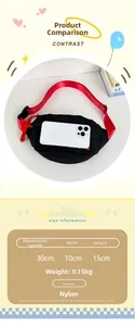 Comparaison de taille du sac banane en nylon noir avec sangles rouges et compartiment zippé