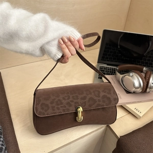 Vintage Leopard Print Underarm Bag Women PU Suede Minimalist Shoulder Bag With Gold Metal Lock French Crossbody Bag