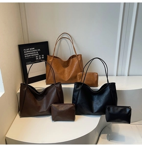 Minimalist PU leather tote bag set including large shoulder bag and small zipper pouch