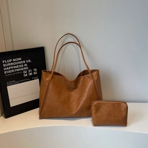 Sac Cabas Femme en Cuir PU de Grande Capacité Et Pochette Assortie Style Urbain Minimaliste Sac à Main Décontracté Texture Cirée Rétro