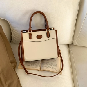 Retro PU Leather Color Block Tote Bag Large Capacity Handbag Shoulder Crossbody Bag For Women Daily Commute Sophisticated Purse