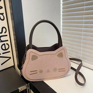Cute Cat Shaped Embroidery Handbag Women PU Suede Leather Crossbody Bag Fashion Daily Casual Shoulder Bag Top Handle Purse