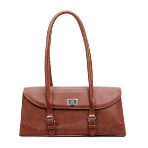 Sac à main rétro en similicuir marron avec fermoir rotatif argenté sur fond blanc