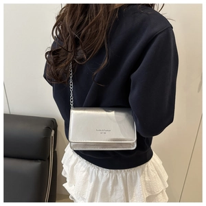 Detail van zilveren crossbodytas met Sunita & Fashion merklogo en fijne metalen kettingriem