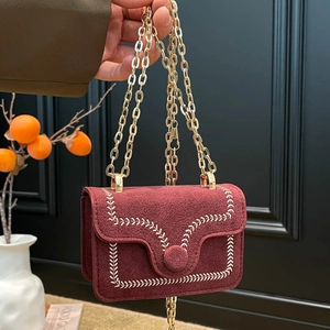 Women Mini Suede Crossbody Bag Vintage Embroidery Chain Shoulder Bag Faux Nubuck Small Square Flap Bag Party Daily Handbag