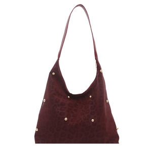 Dunkelrote Tote-Tasche mit Leopardenmuster, Goldnieten und großem Schulterriemen