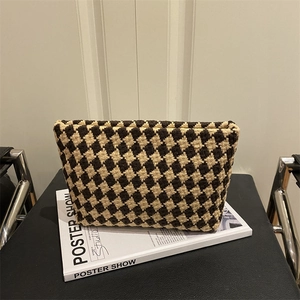Large Capacity Checkered Makeup Bag Vintage Woven Jacquard Clutch For Women Portable Toiletry Storage Bag Cosmetic Pouch