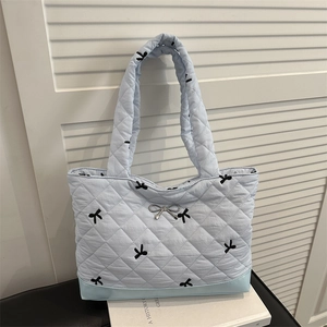Winter Quilted Diamond Tote Bag With Bowknot Embroidery Large Capacity Nylon Shoulder Bag For Women Sweet Fashion Handbag
