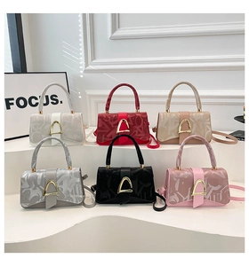 Showcase of small square crossbody bags in six colors with golden hardware