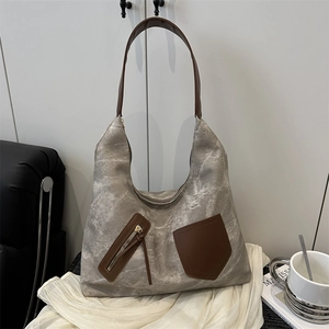 Retro Canvas Tote Bag Color Block Shoulder Bag Leather Accents For Women Office Commuter Large Capacity Fashion Hobo Bag