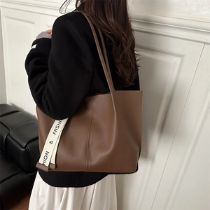 Brown large capacity tote bag with fashion scarf detail and long leather straps