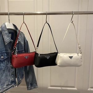 Women Nylon Underarm Bag Minimalist Baguette Shoulder Bag With Triangular Metal Logo Fashion Commuting Handbag Solid Color Bag
