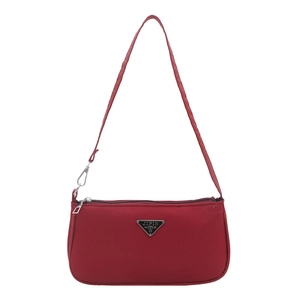 Chic burgundy hobo shoulder bag in premium nylon fabric with a metallic logo plate