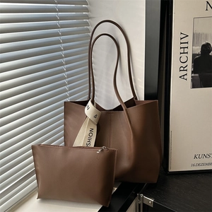 Women Large Capacity PU Leather Tote Bag Set With Small Pouch Solid Color Minimalist Shoulder Bag Fashion Ribbon Decor
