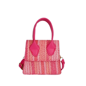 Mini woven handbag in pink and orange knit with smooth leather handles for women