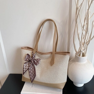 Sac Cabas Élégant en Toile et Cuir PU pour Femmes Avec Foulard Décoratif Grande Capacité Minimaliste Sac à Bandoulière Quotidien pour Bureau