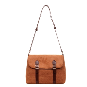 Vintage brown suede messenger bag with gold buckles and adjustable shoulder strap