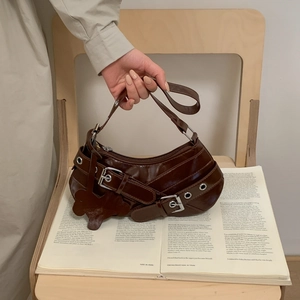 Vintage Y2K Motorcycle Underarm Bag Glossy PU Leather Metallic Eyelet Buckle Shoulder Bag With Pendant For Women