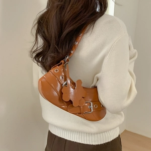 Caramel glossy underarm bag with silver rivets and belt buckle decoration