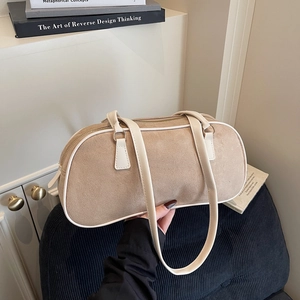 Women Retro Suede Shoulder Bag Korean Minimalist Armpit Baguette Handbag With Contrast Trim Zipper Closure Elegant Daily Bag
