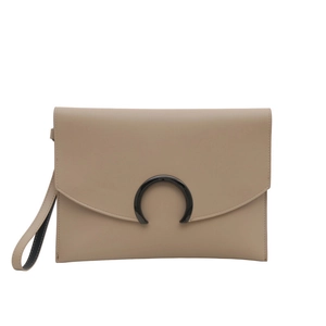 Minimalist beige leather envelope clutch bag with crescent metal buckle and wristlet strap