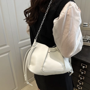 Women Fashion Pleated PU Leather Crossbody Bag Silver Chain Shoulder Bag Minimalist Niche Design Drawstring Handbag Daily