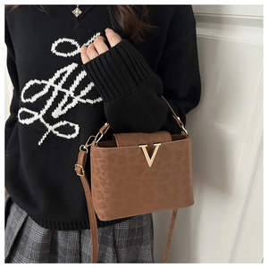 Detail of leopard print small square bag with golden V hardware and crossbody strap
