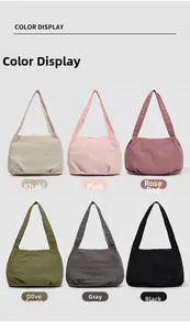 Color options of minimalist nylon shoulder bags in khaki, pink, rose, green, grey, and black