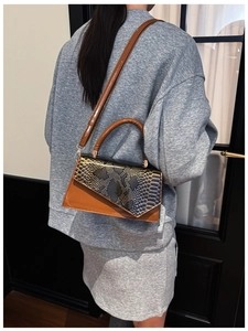 Model wearing a brown color-block crossbody bag with snakeskin pattern flap detail